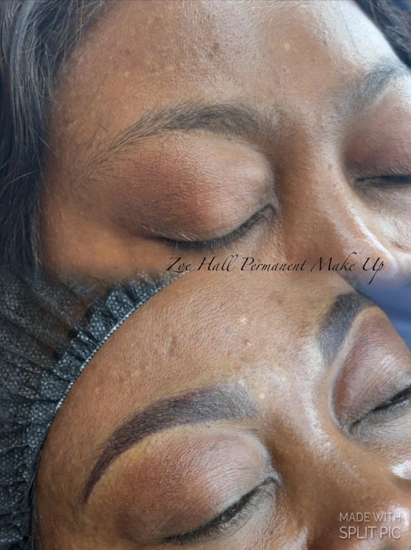Before and after of beautifully enhanced permanent makeup eyebrows.