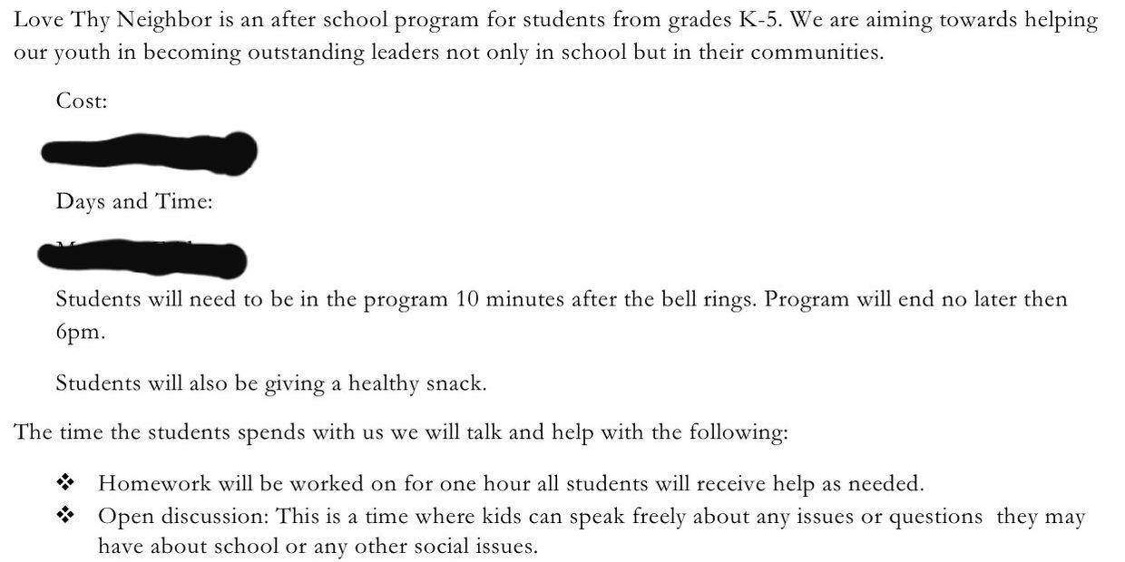 Flyer for an after-school program helping K-5 students with homework and social issues.