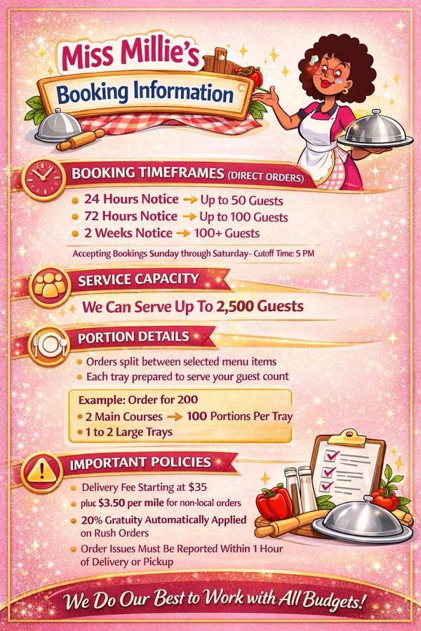 Miss Millie's catering booking info with notice times, capacity, policies, and portion details.