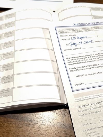 California notary acknowledgment certificate with journal during mobile notarization