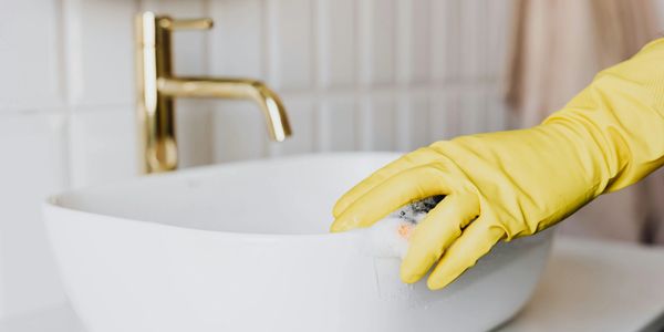 Close-up of a hand cleaning a bathroom sink, demonstrating attention to detail and a spotless finish.