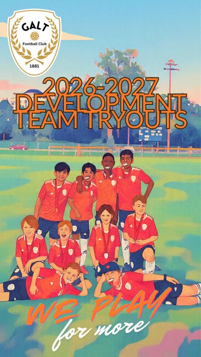 Youth soccer team tryouts announcement with players posing.