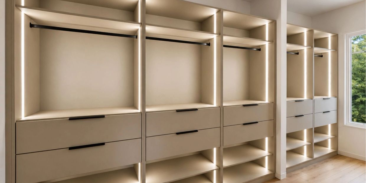 Empty modern walk-in closet with warm lighting.