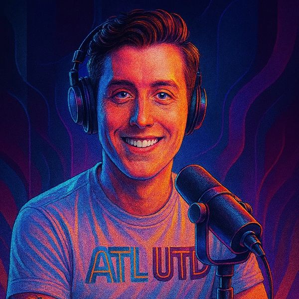 A vibrant digital portrait of a smiling man with headphones, a microphone, and a tattoo reading 'Devil's Advocate'.