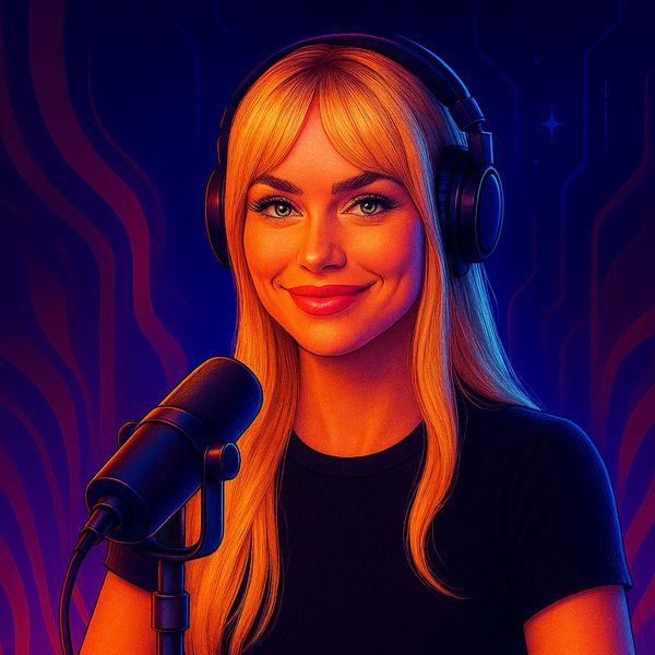 A smiling woman with blonde hair wearing headphones and speaking into a microphone.