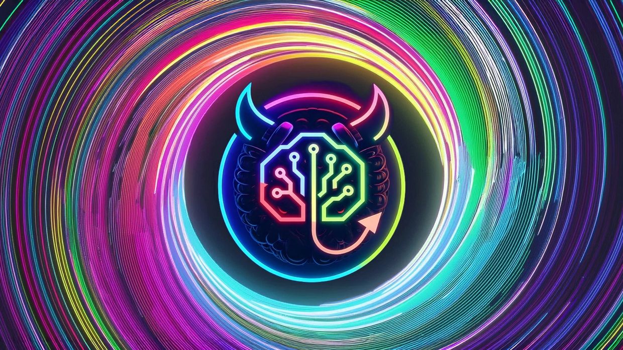 A neon digital devil brain with circuit lines in a colorful swirling vortex.