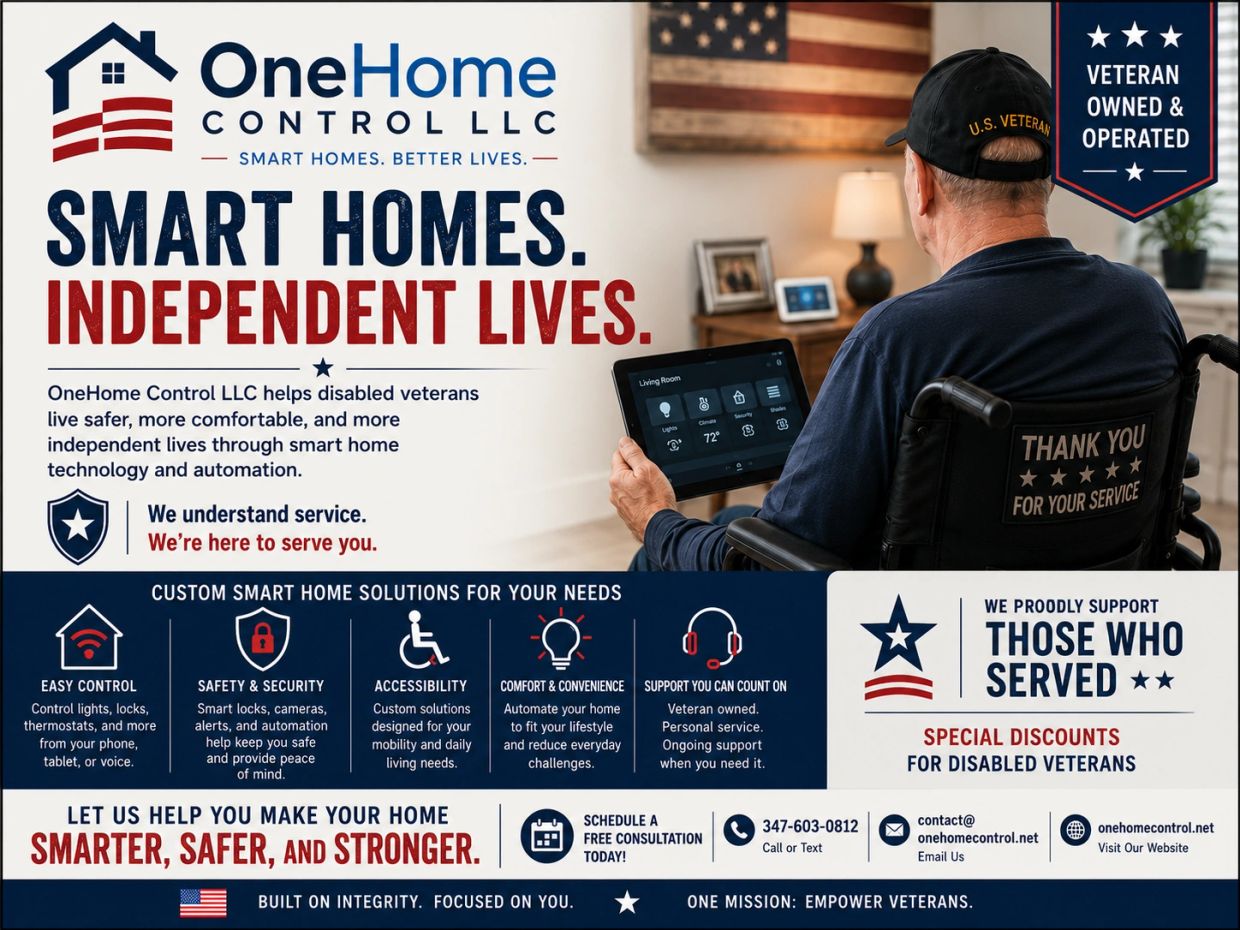 Advertisement for veteran-owned smart home solutions enhancing independence.