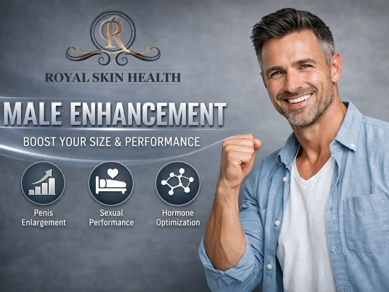 Smiling man promoting male enhancement for size, performance, and hormone optimization.