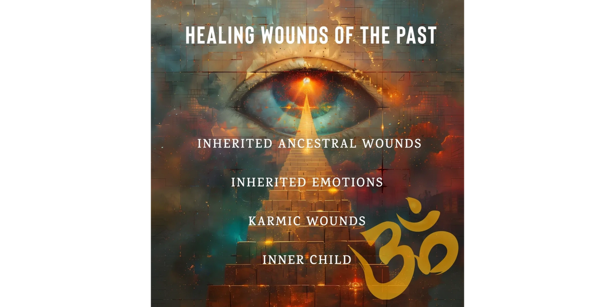 Spiritual eye with a pathway and text about healing ancestral and karmic wounds.