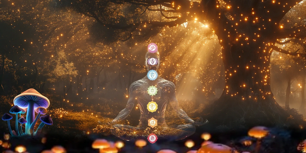 A meditating figure with chakra symbols glowing in a magical forest with luminous mushrooms.