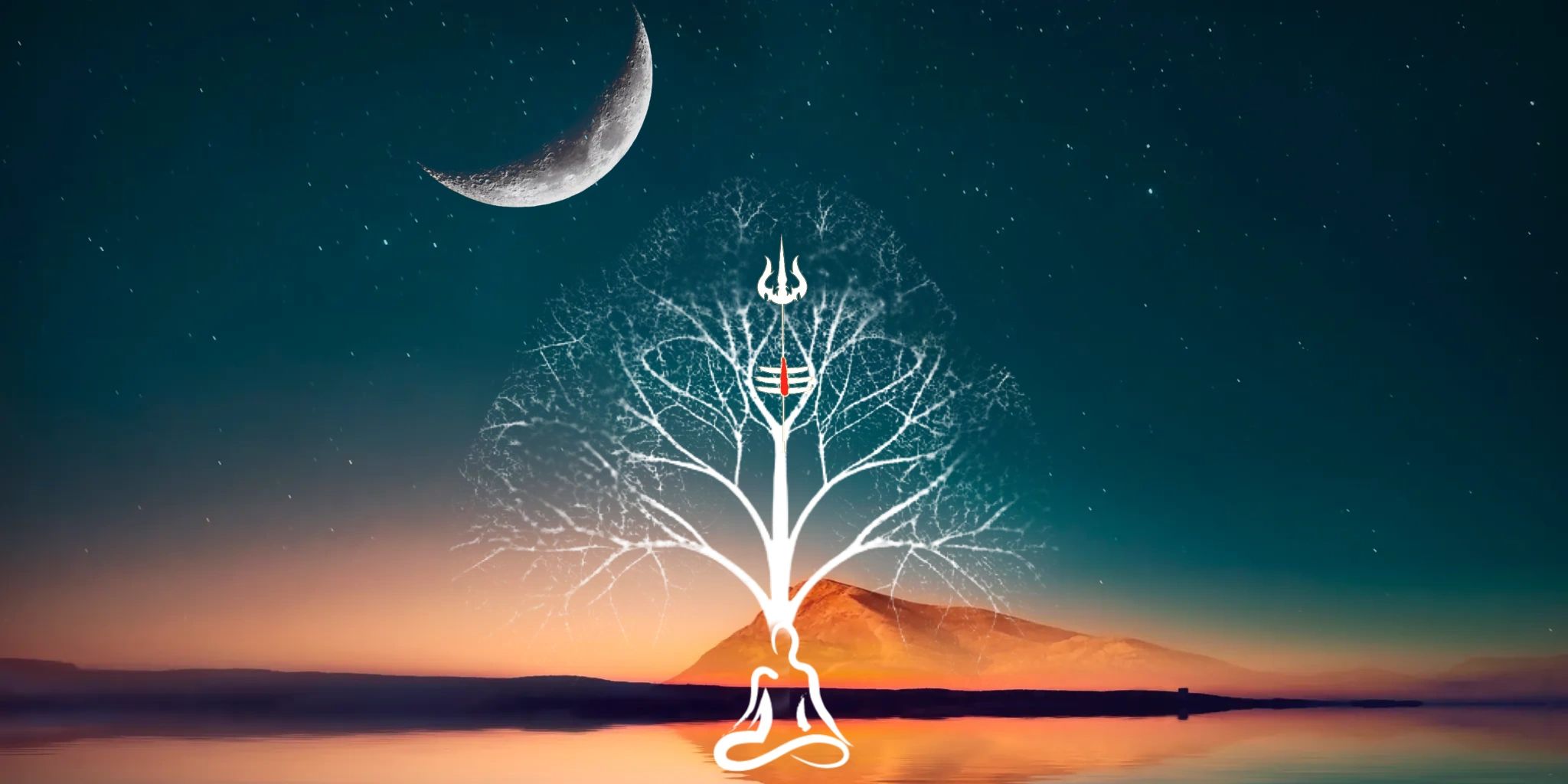 A meditating figure merges with a tree under a crescent moon at sunset.