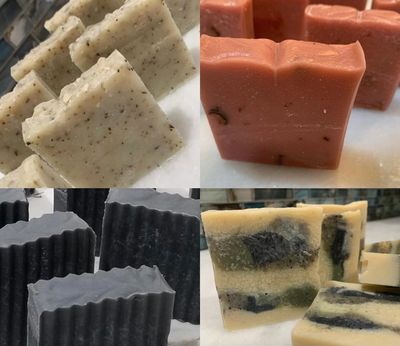 (Top) Silky Mint Soap, Pink Soap (Bottom) Dark Meadows Acne Soap and Spirulina-Kelp Soap