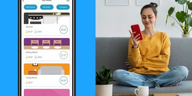 Woman using a home automation app on her phone.