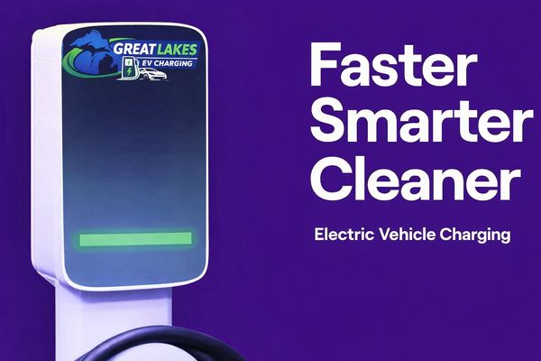 Electric vehicle charging station branded Great Lakes EV Charging with promotional text.