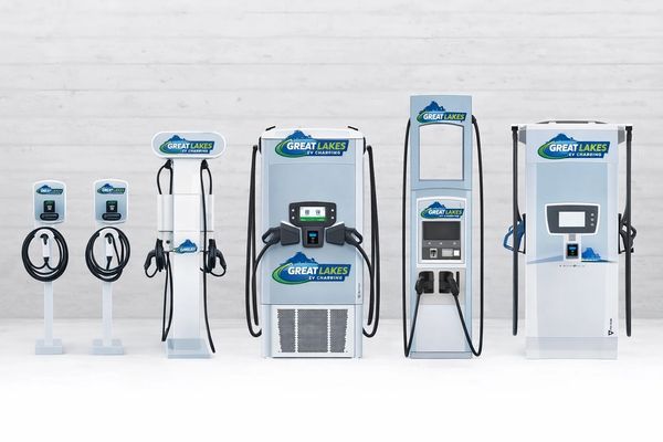 Various Great Lakes EV charging stations lined up in a row against a white background.