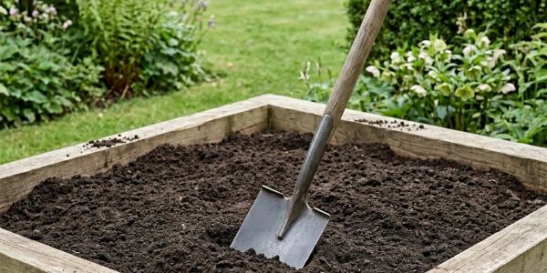 Garden soil with a shovel in a raised bed.