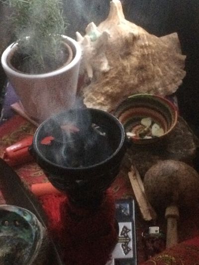 Incense burner with smoke, seashell, and plant on a table.