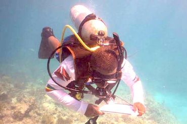Scuba diver doing underwater archeology.
