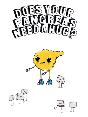 Cute anthropomorphic pancreas asking for a hug with sad robot friends.