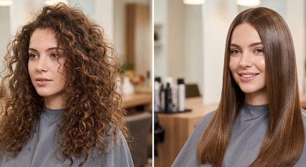 Before and after hair treatment showing curly to straight hair transformation.