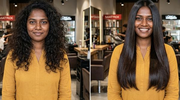 Before and after hair treatment showing curly to straight hair transformation.