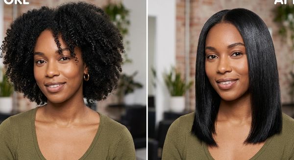 Before and after hair straightening transformation on a woman.
