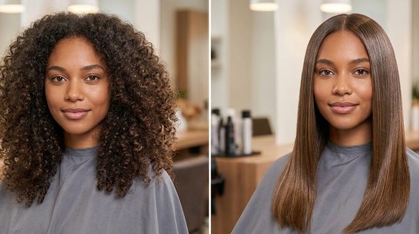 Before and after hair straightening transformation of a woman with curly hair.