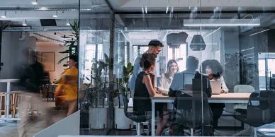 Team collaborating in a modern office meeting room.
