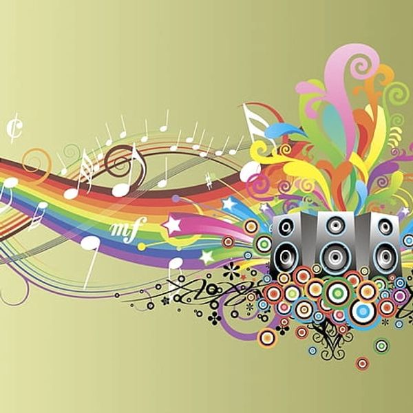 Colorful music-themed illustration with speakers, musical notes, and vibrant swirls.