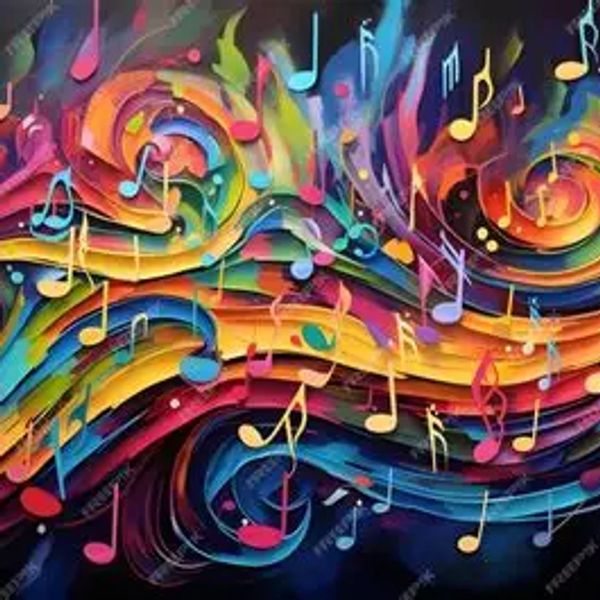 Colorful musical notes swirling in an abstract vibrant background.