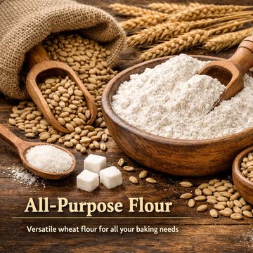 All-purpose wheat flour with wheat grains and sugar cubes.