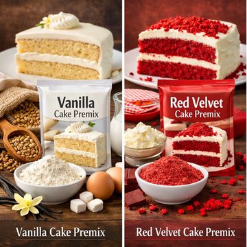 Vanilla and Red Velvet cake premixes with ingredients and prepared cakes.