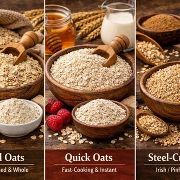 Types of oats displayed in wooden bowls with ingredients