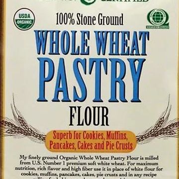 Whole wheat pastry flour packaging with usage details.