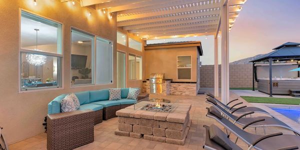 Backyard patio with fire pit in desert hot springs vacation rental palm springs coachella valley cal