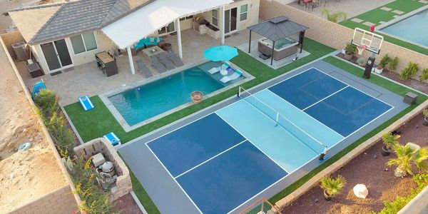 Back yard including pool, spa, and sport court in desert hot springs vacation rental palm springs co