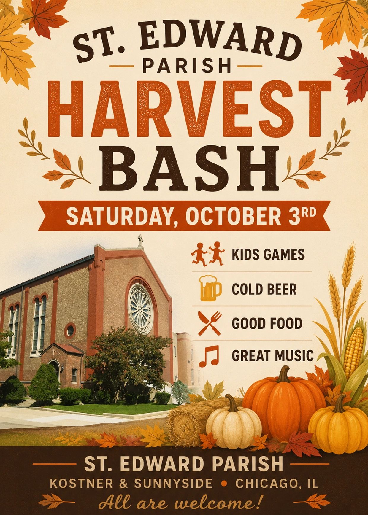 St. Edward Parish Harvest Bash on October 3rd with games, food, beer, and music.