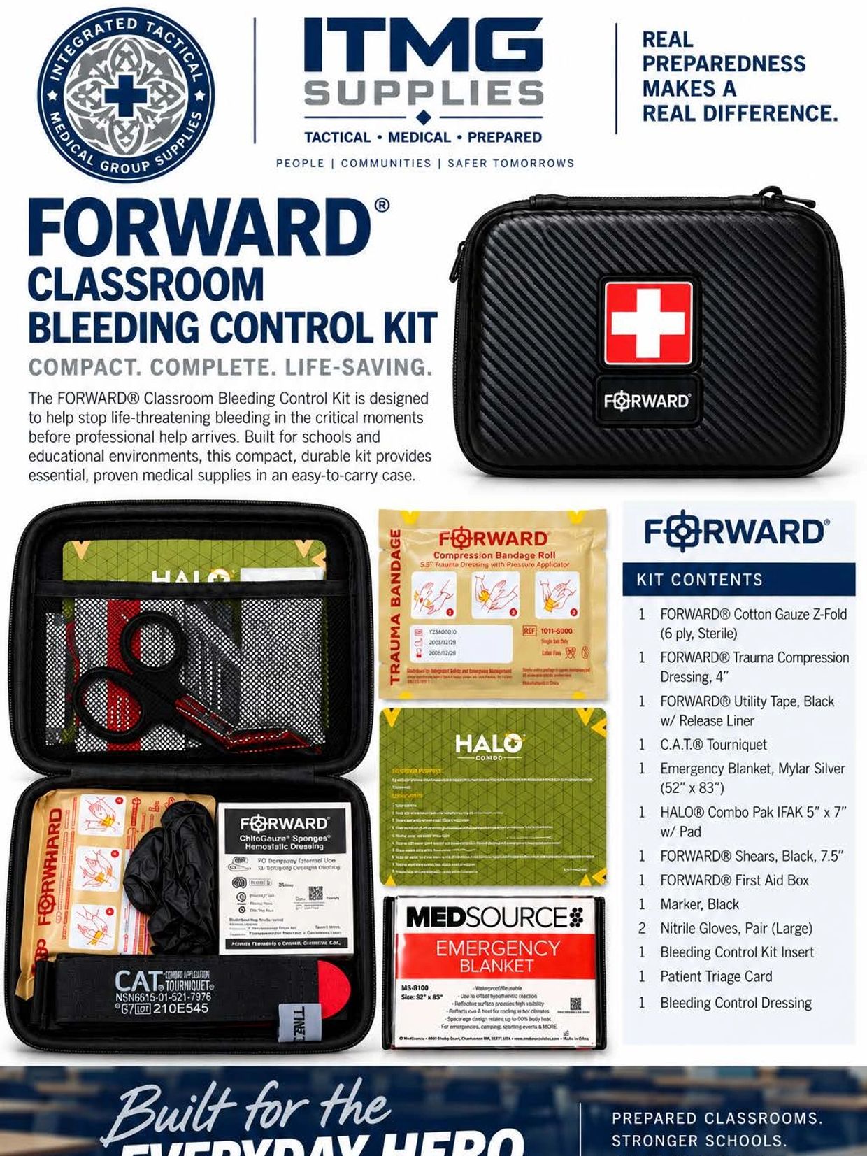 Forward Classroom Bleeding Control Kit with essential medical supplies in a compact case.