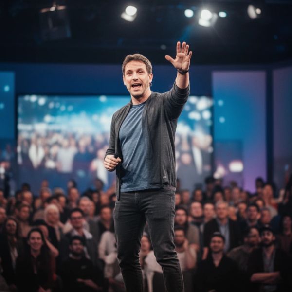 Speaker engaging a large audience on stage with expressive hand gesture.
