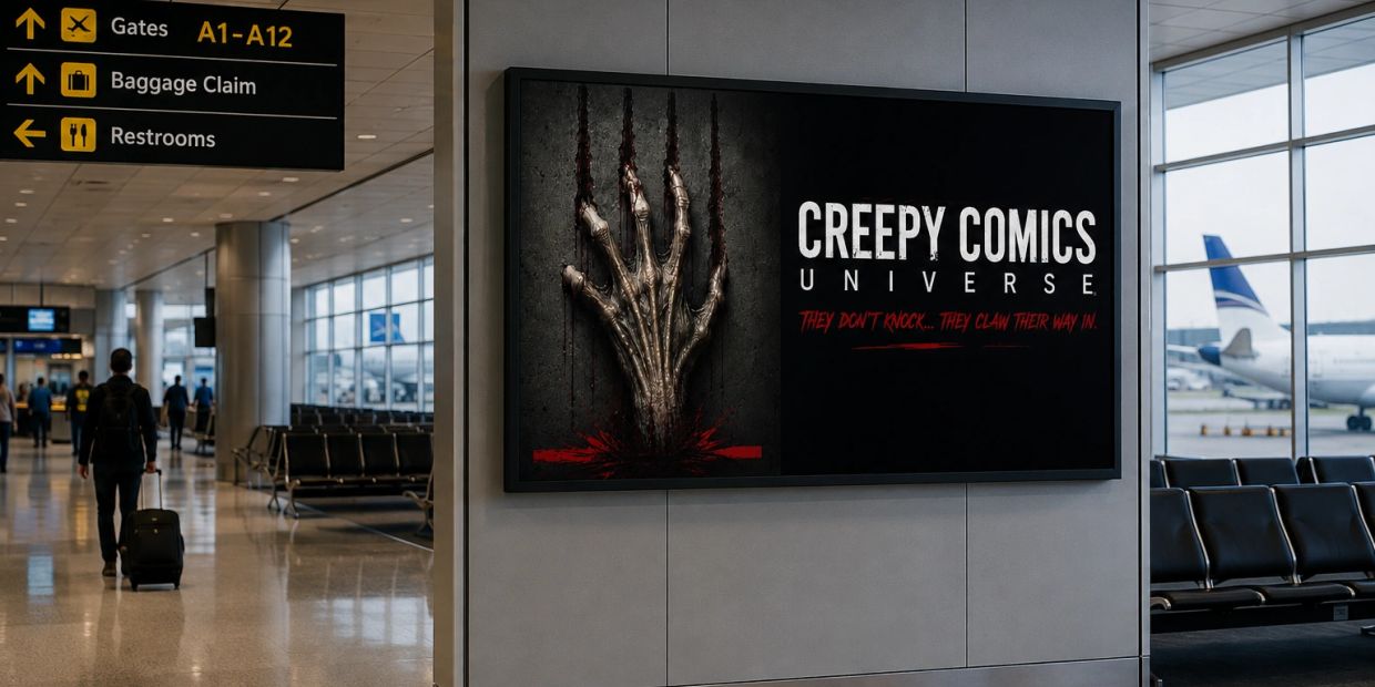 Airport hallway with a creepy comics advertisement on the wall.