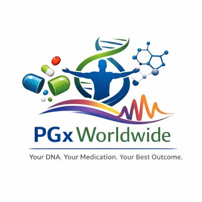 Logo of PGx Worldwide with DNA, pills, and molecule graphics.