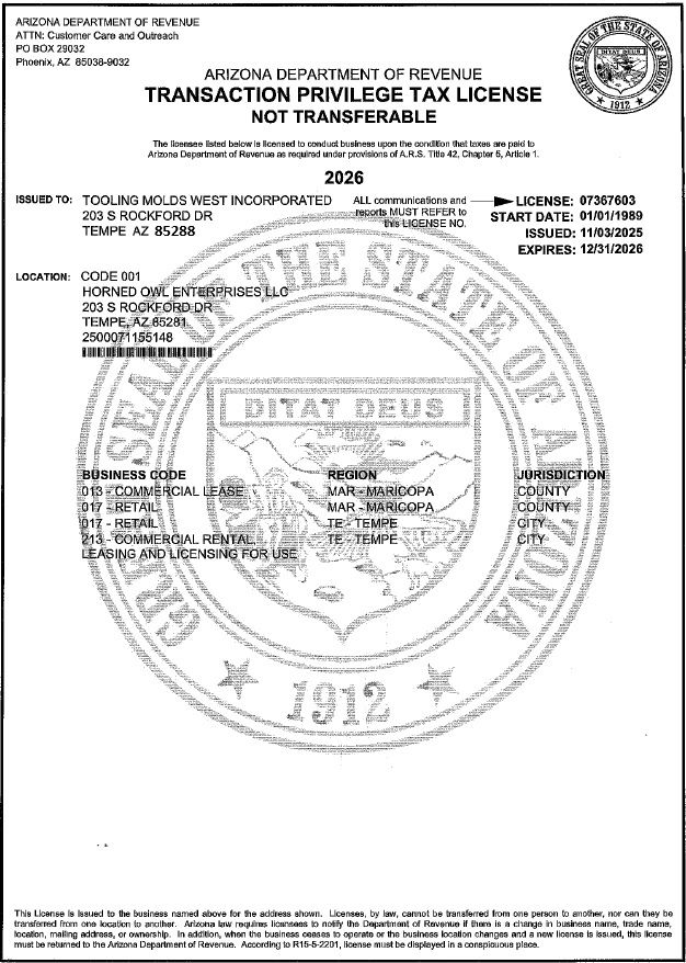 Arizona Transaction Privilege Tax License for Tooling Molds West Incorporated.