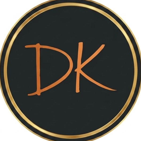 Logo with the letters DK in orange on a black background with a gold edge.