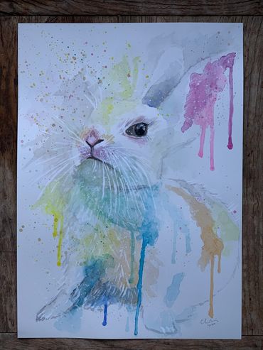 An original rabbit watercolour using Winsor & Newton paints on 300g  quality hot press paper