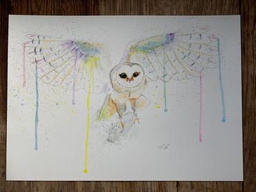 An original owl in flight watercolour using Winsor & Newton paints on 300g  quality hot press paper
