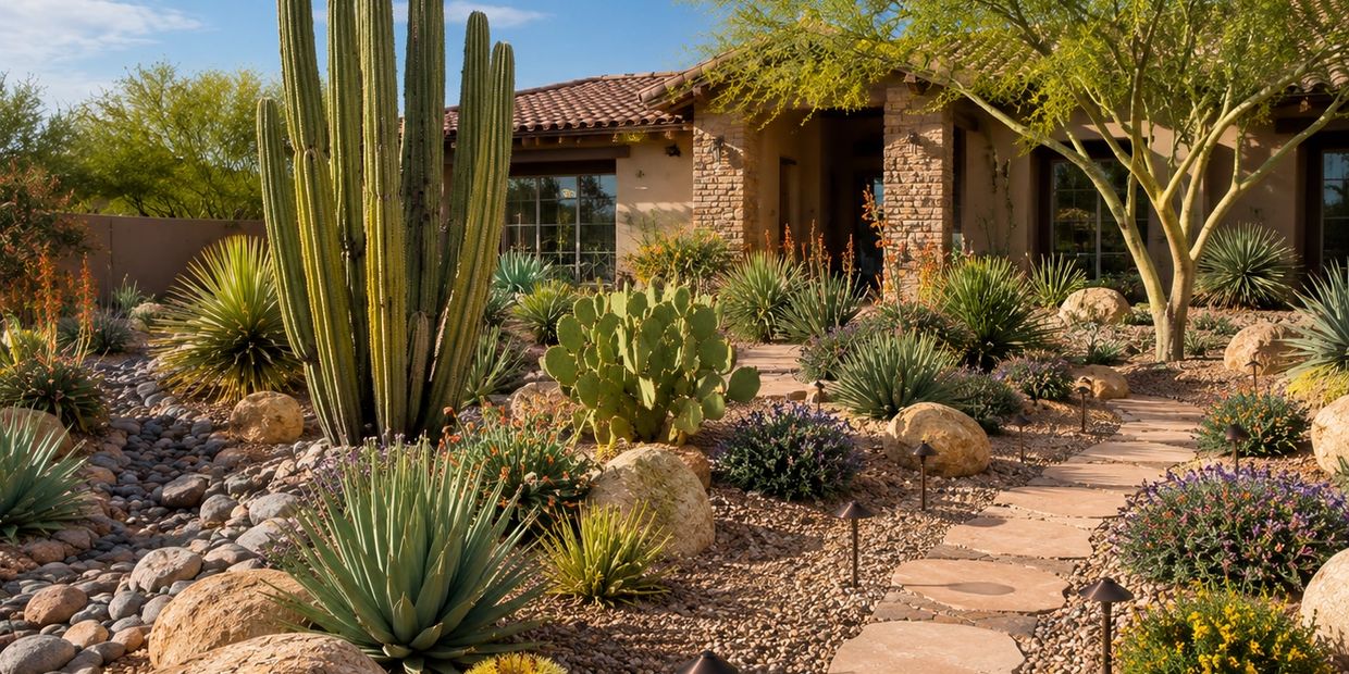 Desert-style front yard with cacti, succulents, and stone pathway.