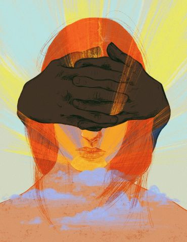 Illustration of a woman with red hair covered by black hands.