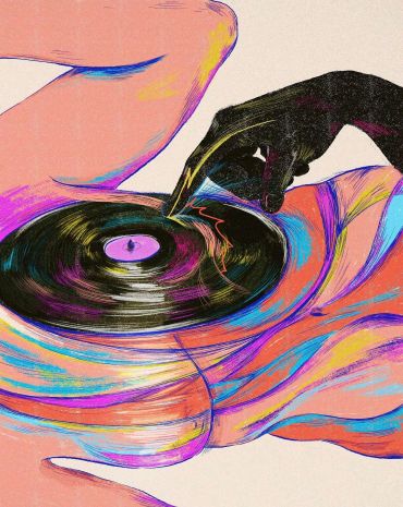 Colorful artistic depiction of a vinyl record touch.