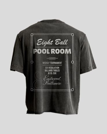 Black t-shirt with a pool room graphic on the back.
