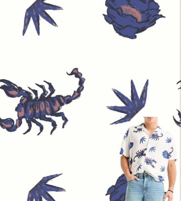 Shirt with blue scorpion and floral print.